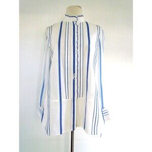 Chloé Blue White Striped Ruffle Mandarin Collar Blouse Top Size FR 36 US 4 NWT